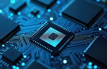 Fototapete - Close-up view of complex electronic circuit board. Intricate pathways, components visible. Advanced tech design highlighted. Modern computer hardware shown. Details of cpu motherboard presented.
