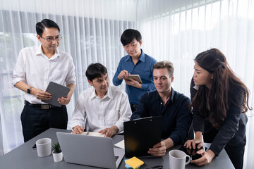 Leinwandbilder - Group of diverse office worker employee working together on strategic business marketing planning in corporate office room. Positive teamwork in business workplace concept. Prudent