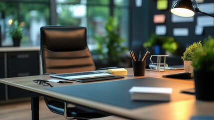 Poster - Empty office table set against a blurred office background