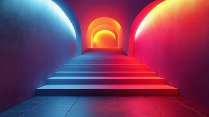 A colorful staircase leading to a bright light