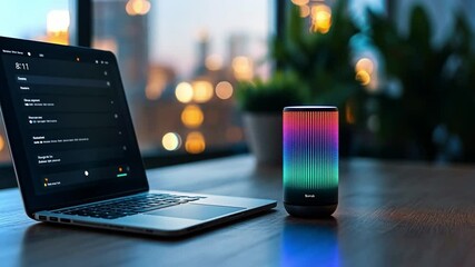 Poster - Colorful smart speaker and laptop set up in modern workspace at night with city lights outside