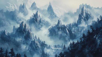 Wall Mural - Watercolor landscape of foggy forest in mountain slope aerial view. Frozen Forest. Illustration