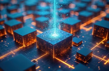  - Abstract illustration of futuristic computer architecture. Complex tech network with glowing cubes. Central processing unit highlighted by light. Advanced tech concept. Digital circuit board,