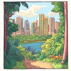 Wall Mural - a drawing of a cartoon lush australian city, blank area in the middle ground, simple 