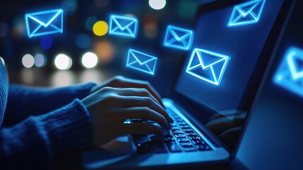 Poster - Closeup of Receptionist's Hands Typing and Sending Email at Night