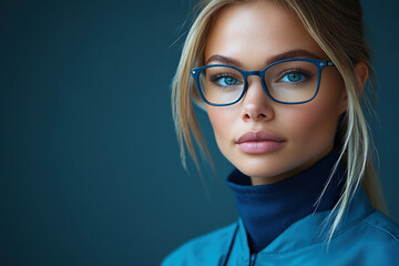 Wall Mural - Young woman with glass frames poses confidently in a stylish outfit