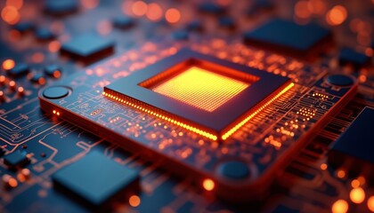  - Extreme close-up view of quantum processor chip. Superconducting qubits, quantum computing architecture highlighted. Advanced tech in center of image. Complex circuit design with glowing orange