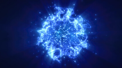 Wall Mural - a dynamic burst of electric blue energy sphere radiating from a central point against a dark backgro