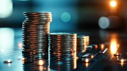 Poster - Stacks of coins reflecting ambient light in a creative financial concept