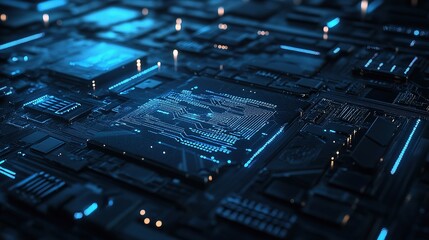 Poster - Blue Circuit Board Texture with Lines and Patterns in Background