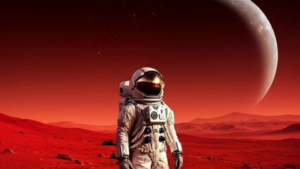 Wall Mural - astronaut stands on a red, rocky planet with a large moon and smaller planet in the background