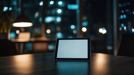 Poster - Modern Workspace with Tablet Mockup in Foreground at Night Time