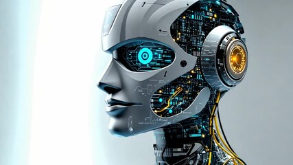 Poster - Futuristic humanoid robot with glowing blue eyes and intricate circuitry details in high definition