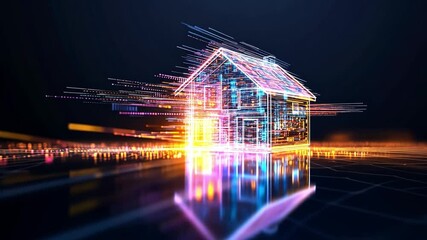 Poster - virtual representation of a futuristic house illuminated with digital patterns in a dark space