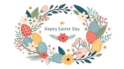 Wall Mural - Easter wreath with flowers, branches and eggs. Inscription Happy Easter Day. For textiles, postcards, and Wallpapers. Printing on fabric, paper, cards, ... 
