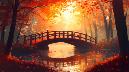Wall Mural - autumn nature lake bridge
