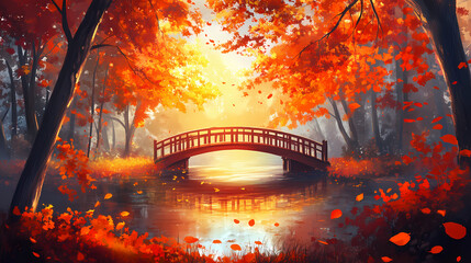 Wall Mural - autumn nature lake bridge