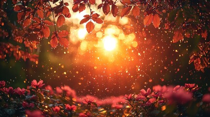 Wall Mural - sunset through autumn leaves and flowers with rain.