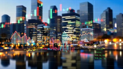 Poster - Urban skyline at night featuring financial data visualizations and reflections on water