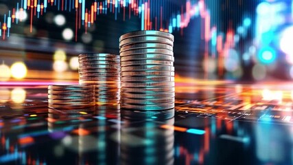 Poster - Stacked coins with abstract financial data in the background demonstrating market trends