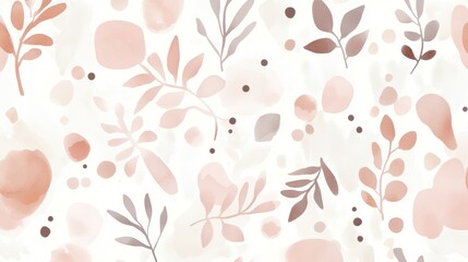 Poster - Watercolor seamless pattern showcasing delicate pink and brown leaves adorned with subtle dots, creating an elegant design perfect for various applications like textiles and stationery