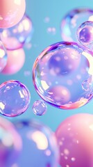 Poster - Floating in a light blue background, numerous iridescent soap bubbles of various sizes create a vibrant and dreamlike atmosphere filled with color and whimsy