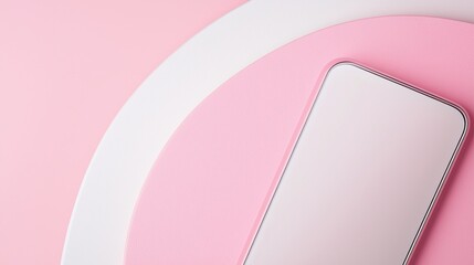 Poster - Pink smartphone with blank white screen is lying on a modern pink and white circular background, creating a stylish and minimalist tech composition