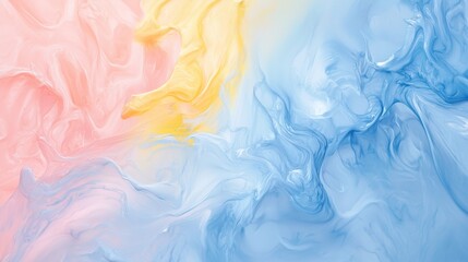 Poster - Mixing pink, yellow, and blue pastel colors creates fluid art resembling smoke or clouds, offering a dreamy, ethereal background ideal for various creative projects