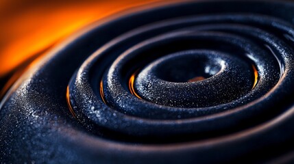 Poster - Concentric circles form a mesmerizing spiral pattern on a dark, textured surface, with a warm orange glow emanating from the background, creating a visually captivating abstract design