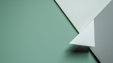 Poster - Geometric composition creating a minimalist and modern design with overlapping triangles in various shades of green, white, and gray, offering a versatile background for diverse projects