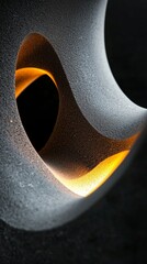 Poster - Warm orange light is emanating from inside a modern abstract gray concrete sculpture with soft curves, adding a touch of warmth to the cool material
