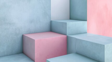Poster - Minimalist abstract composition featuring pink and blue geometric blocks arranged on a textured background, creating a modern and artistic scene