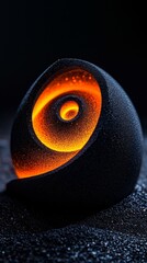 Poster - Orange light glowing from inside a black abstract sculpture placed on dark sand, creating a captivating contrast and evoking a sense of mystery and intrigue
