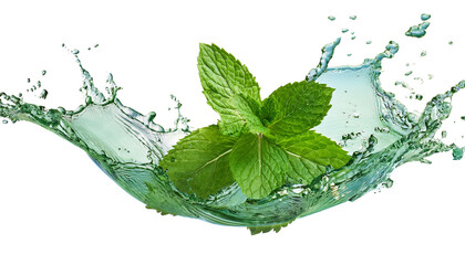 Wall Mural - Fresh mint leaves splashing in water isolated on white background 