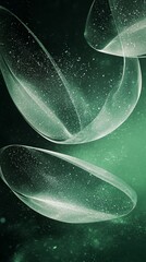 Poster - Green particles are flowing and swirling through transparent shapes, creating a mesmerizing abstract composition against a dark background, suitable for various digital art and design projects