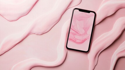 Poster - Pink smartphone displaying abstract pink design lying on pink wavy fabric creates a stylish and modern aesthetic, ideal for showcasing mobile apps or digital art