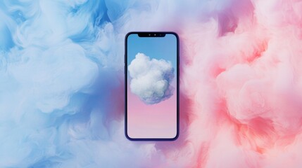 Poster - Modern smartphone displaying a single cloud against a pastel-colored sky, surrounded by swirling pink and blue smoke, representing the concept of cloud computing and data storage