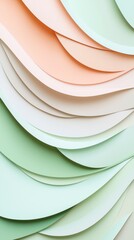 Poster - Colorful wavy paper layers are creating a gradient effect, transitioning from peach to cream and green tones, forming an abstract and textured background