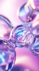 Poster - Smooth, transparent, iridescent glass bubbles merge and connect, creating a mesmerizing abstract composition with a gradient background shifting from pink to purple and blue