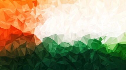 Poster - Low poly triangular facets in shades of orange, white, and green create a visually striking background, blending seamlessly to produce a dynamic and modern aesthetic