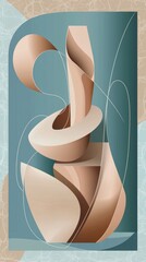 Poster - Modern and stylish abstract composition featuring a sculpture made of 3d shapes in beige and brown tones, creating a visually appealing design against a textured teal background with white lines