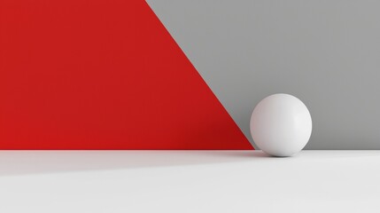 Poster - Minimalist composition featuring a white sphere on a white surface, set against a backdrop of red and gray geometric shapes, creating a striking contrast and sense of modern design