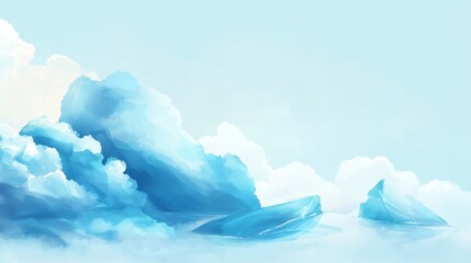Poster - Icebergs are floating serenely against a backdrop of a clear blue sky dotted with fluffy white clouds, creating a tranquil and ethereal polar landscape
