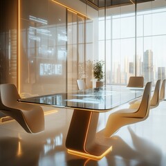 Wall Mural - Futuristic, yet realistic dining room interior from the near future, with clean lines, natural materials and minimalist design