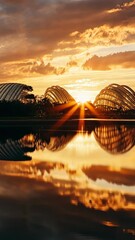 Wall Mural - Beautiful sunset reflects off water near modern glass architectural structures in a serene urban landscape