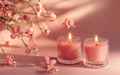 A mockup of a pair of romantic candles in elegant glass holders on a coral matte background for valentines day and 8 march