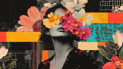 Wall Mural - Woman with flowers hiding face in colorful collage