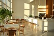 © Kristina - Beautifully designed bistro cafe interior with clean white counter and wooden chairs morning sunlight