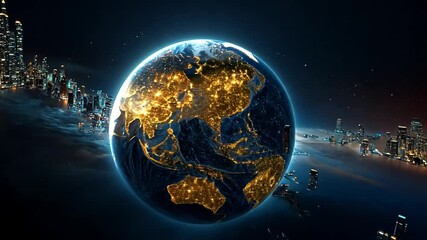 Poster - Dynamic view of Earth rotating with illuminated cities during night in 4K resolution