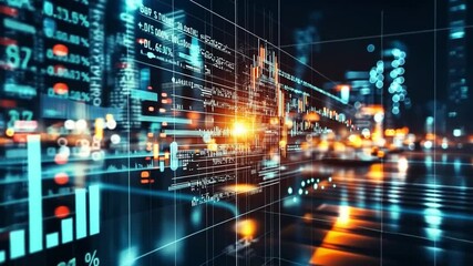 Poster - Modern urban landscape showcasing digital data visualization and financial analytics at night